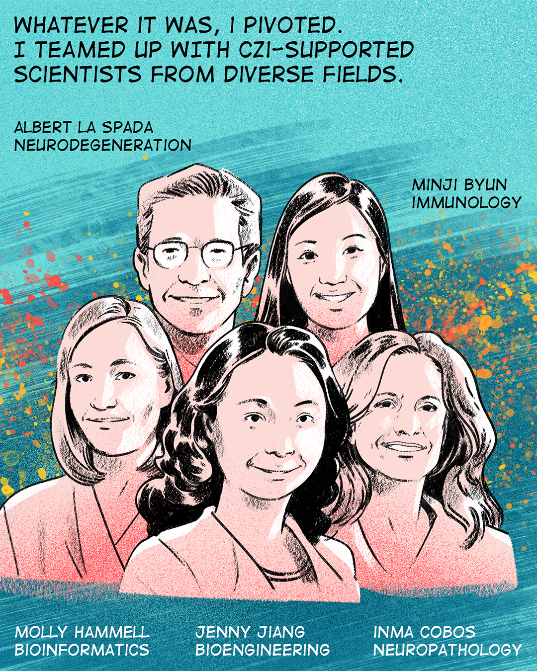 Illustration of scientists Minji Byun, Inma Cobos, Jenny Jiang, Molly Hammell and Albert La Spada