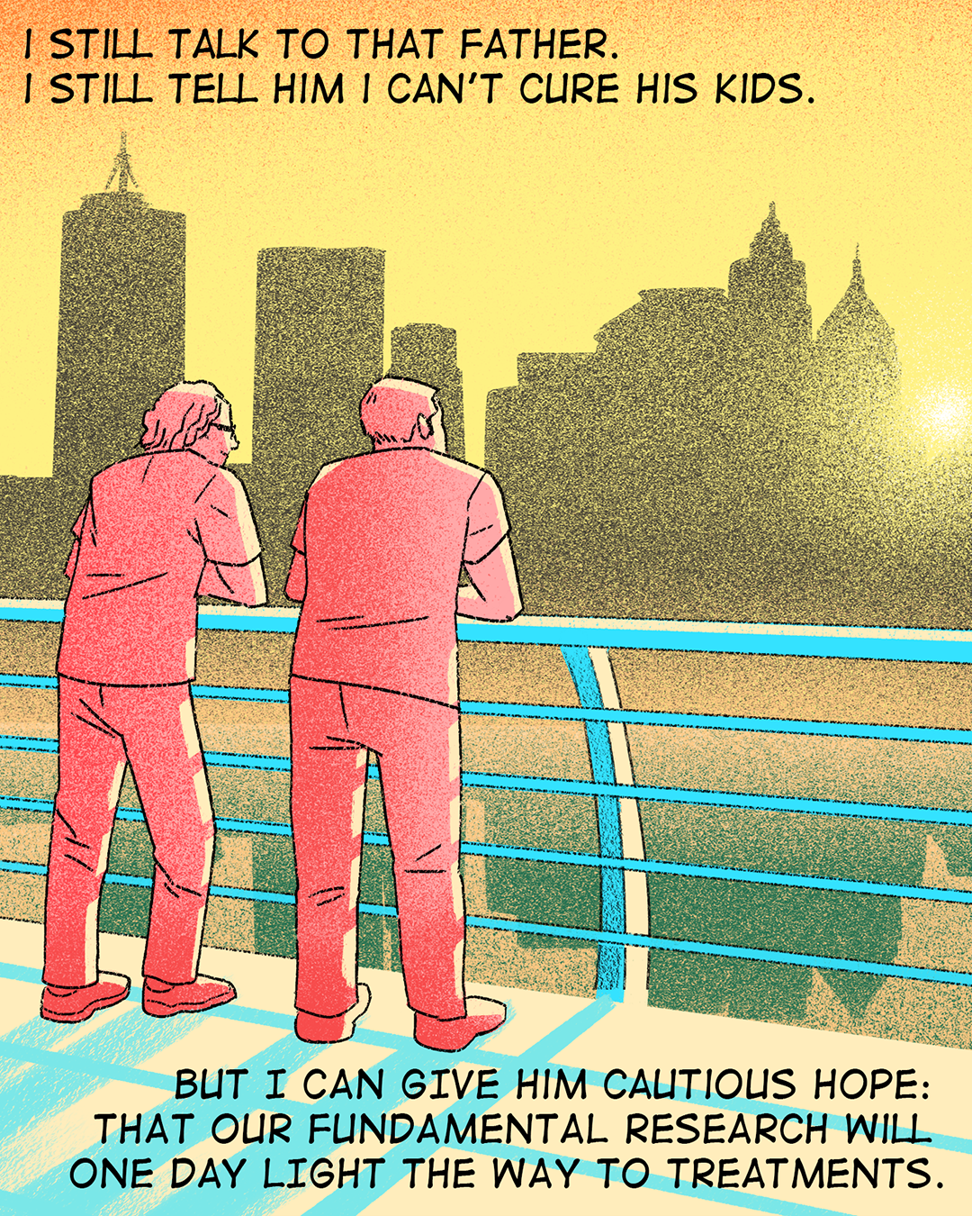 Illustration of Ivan Marazzi talking with a father. They are leaning along the side of a bridge barrier with a cityscape in the background.