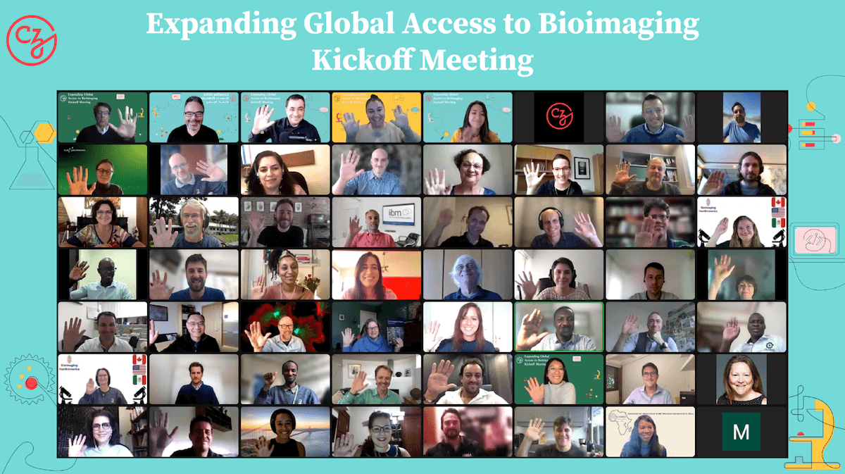 A group photo of participants who attended CZI’s Expanding Global Access to Bioimaging Kickoff Meeting waving on Zoom.