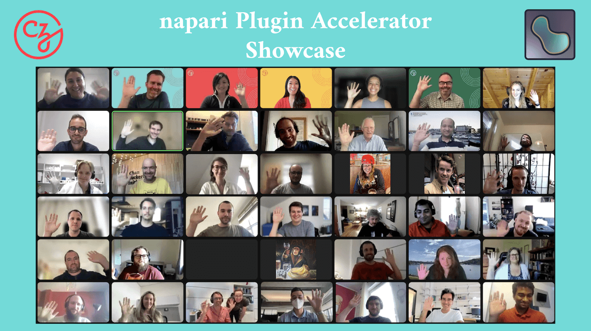 A group photo of participants who attended CZI’s napari Plugin Accelerator Showcase waving on Zoom.