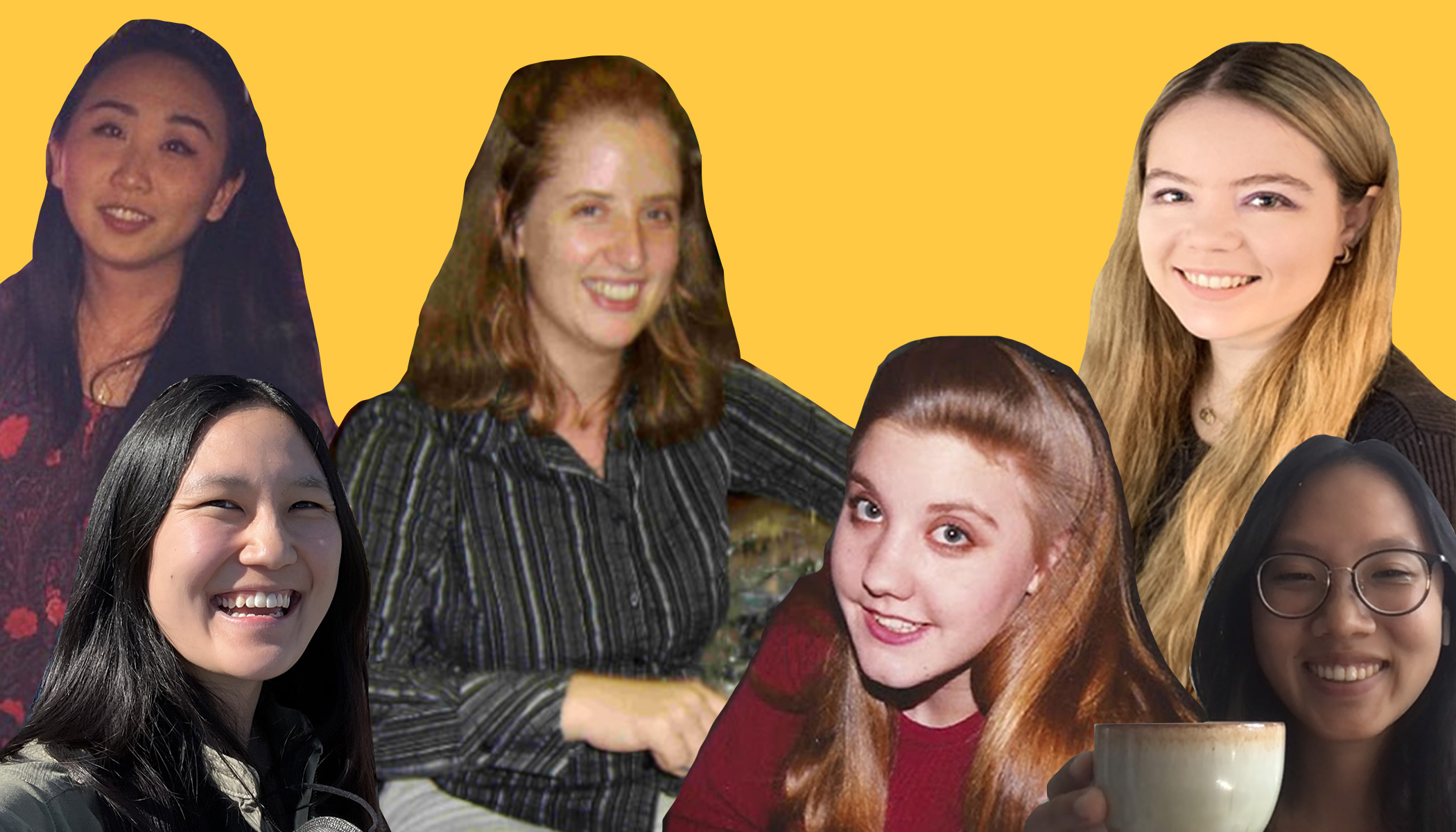Collage of old and more recent photos of six different women smiling.