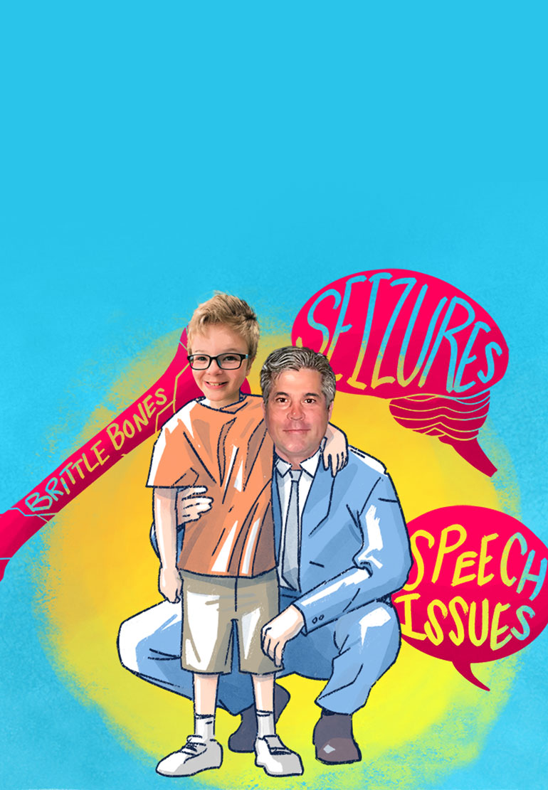 An illustration of a father in a suit kneeling down next to his son. Behind them is text that reads “Snyder-Robinson Syndrome” and labels the son as Connor Raymond and the father as Michael Raymond. Behind them are also speech bubbles that say “seizures, speech issues, brittle bones.”
