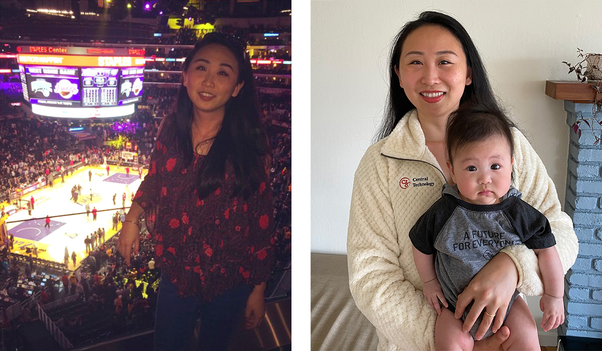Side-by-side photos of Azure Shen standing in the bleachers at a basketball stadium and in the next photo she is smiling while holding her baby.