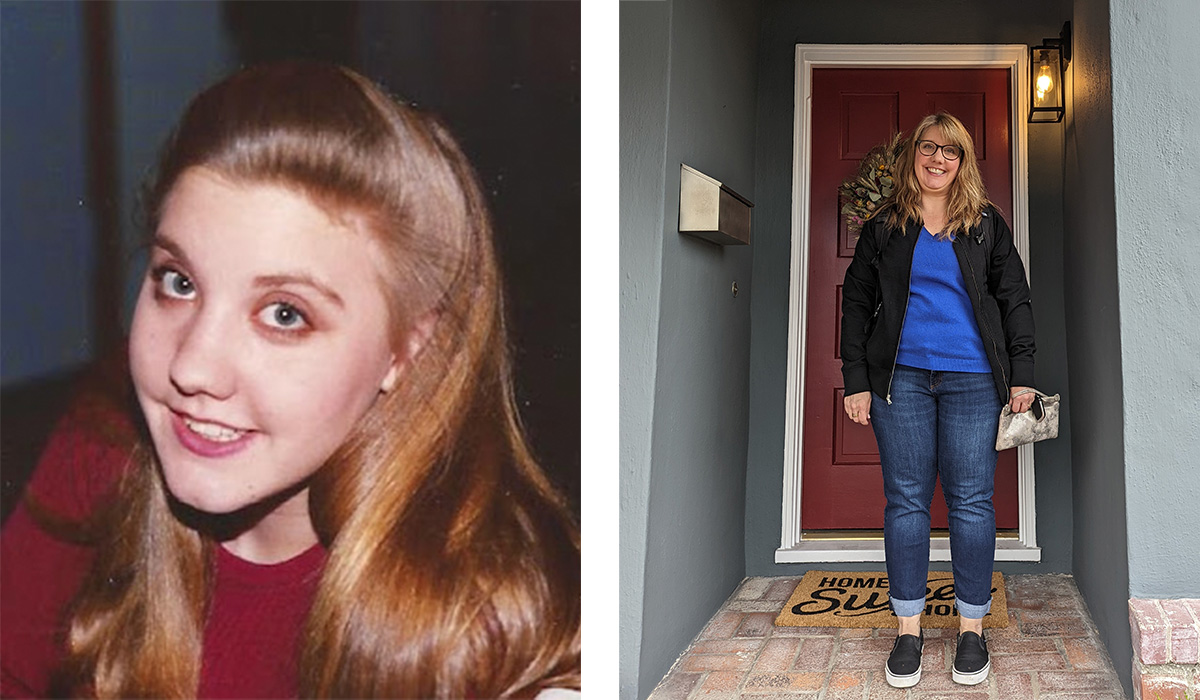 Side-by-side photos of Jen Erickson wearing a red shirt and looking at the camera, and in the next photo Jen Erickson is standing in front of her home, smiling.
