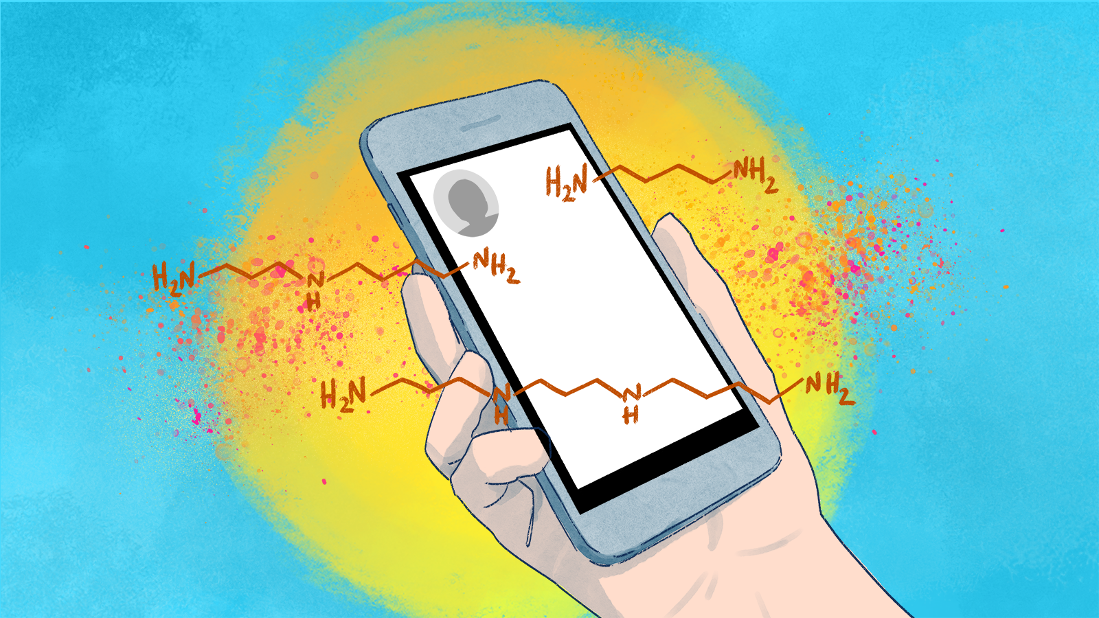 An illustration of a cell phone in a hand, with diagrams of molecules.