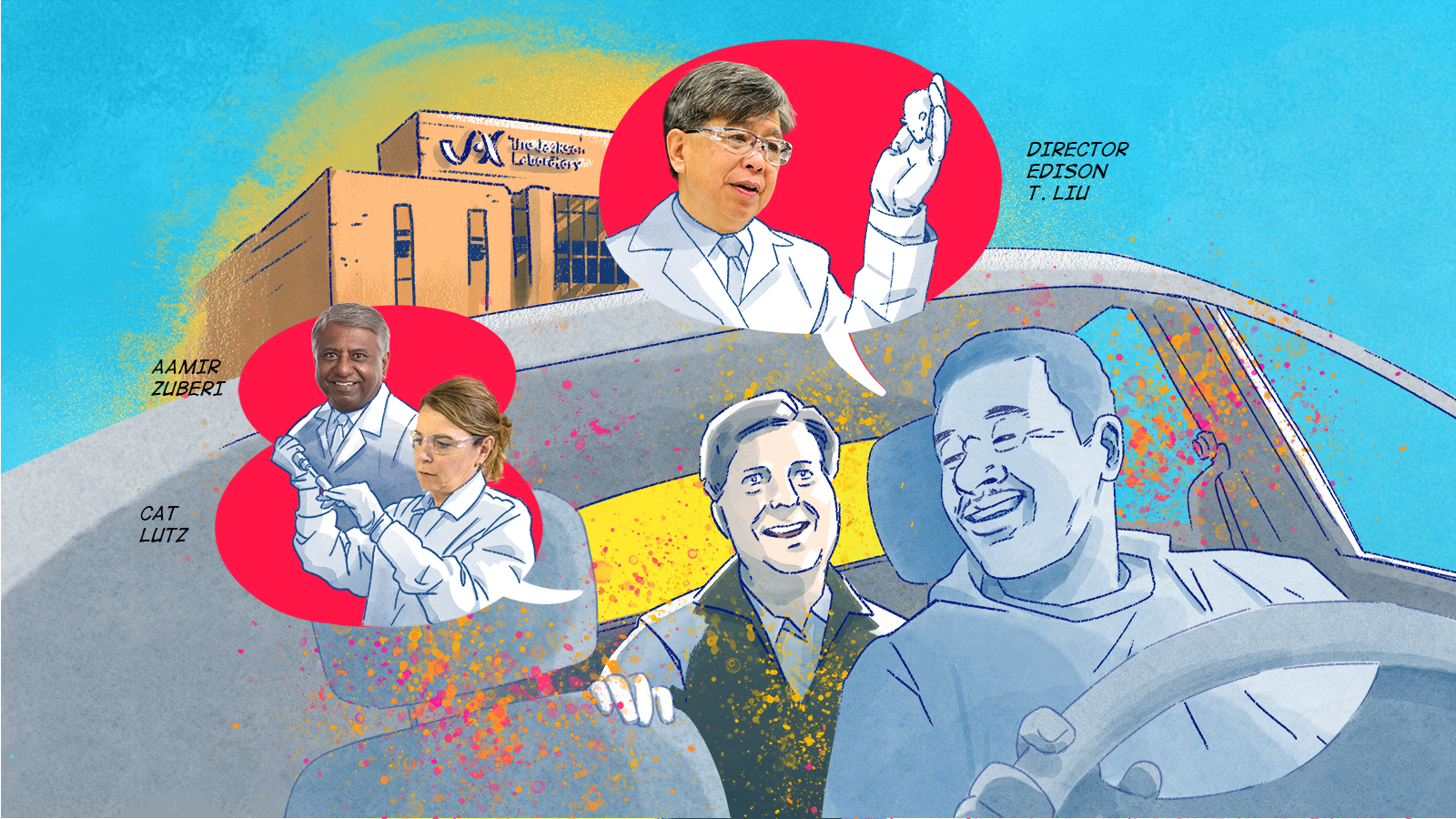  Illustrations of Edison T. Liu, scientists Aamir Zuberi and Cat Lutz, and a man and cab driver talking in a car. A drawing of a lab is on the horizon. 
