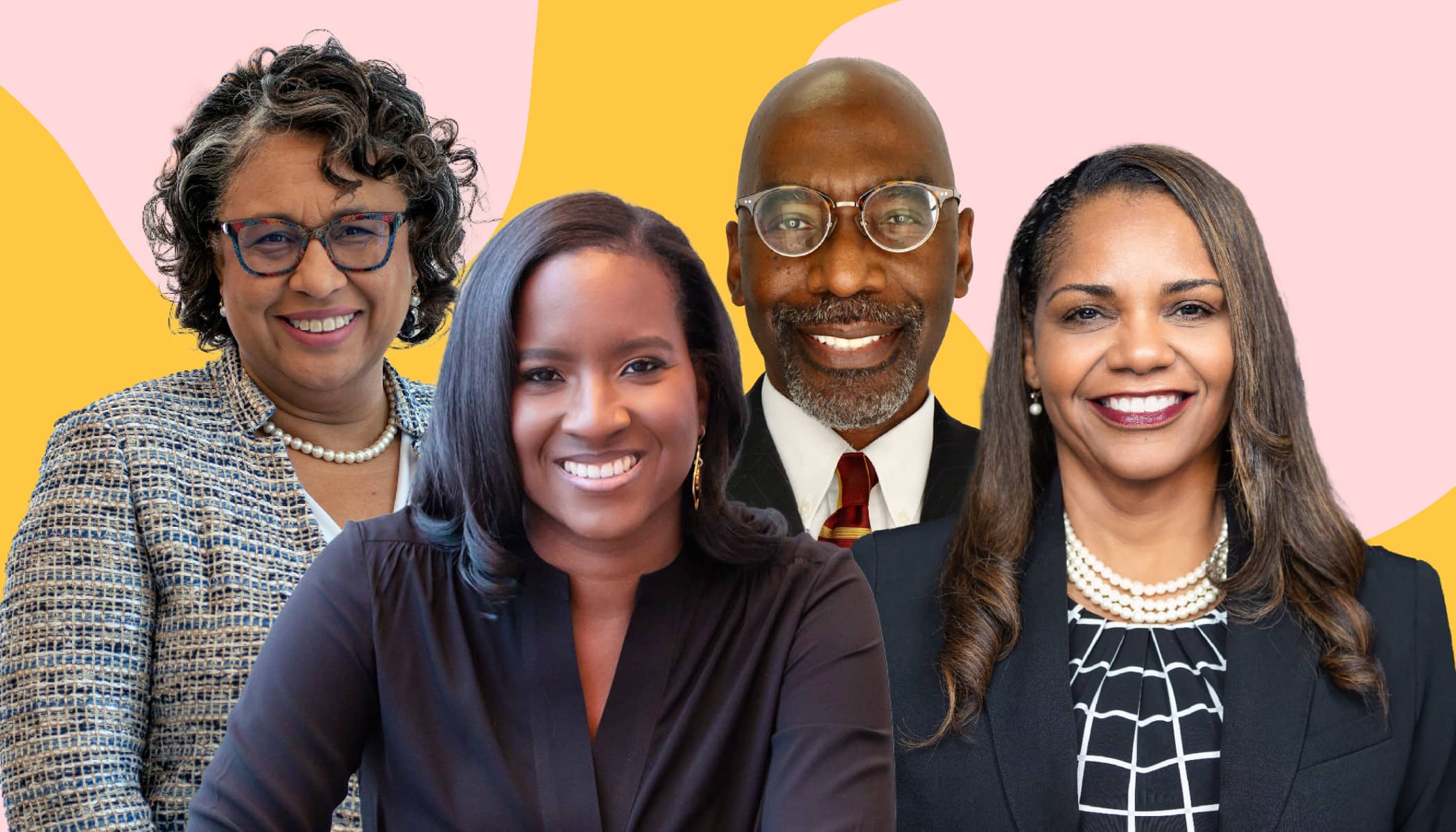 Headshots of four HBCU leaders on a pink and yellow background.