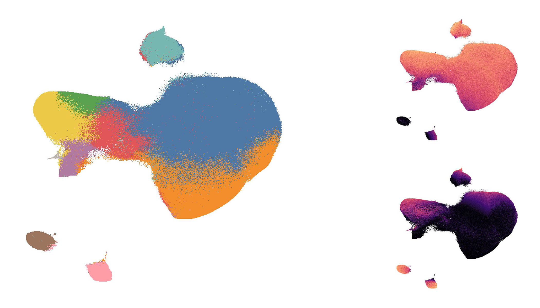 a screenshot showing three multicolored shapes against a white background. On the left is the largest shape comprised of blue, orange, red, green , yellow and purple. On the top right is a shape mainly of coral with some purple near the edges, and on the bottom ride is a shape with gradations of bright purple to dark purple. 