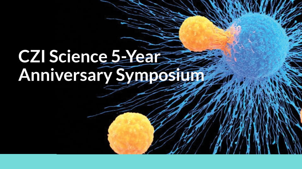 Blue and yellow colored cells overlay a black background. ‘CZI Science 5-Year Anniversary Symposium’ is written in white.