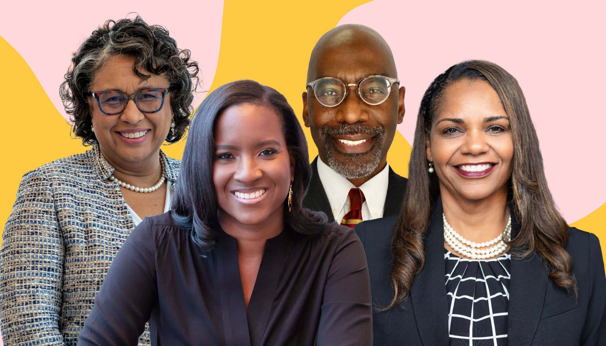 Headshots of four smiling HBCU leaders on a yellow and pink background.