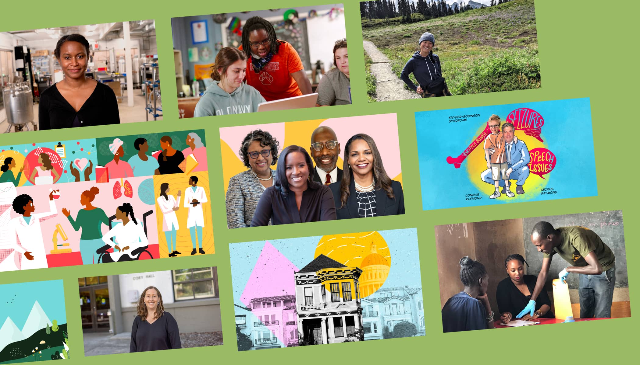 A variety of people and illustrative images compiled on a green background.