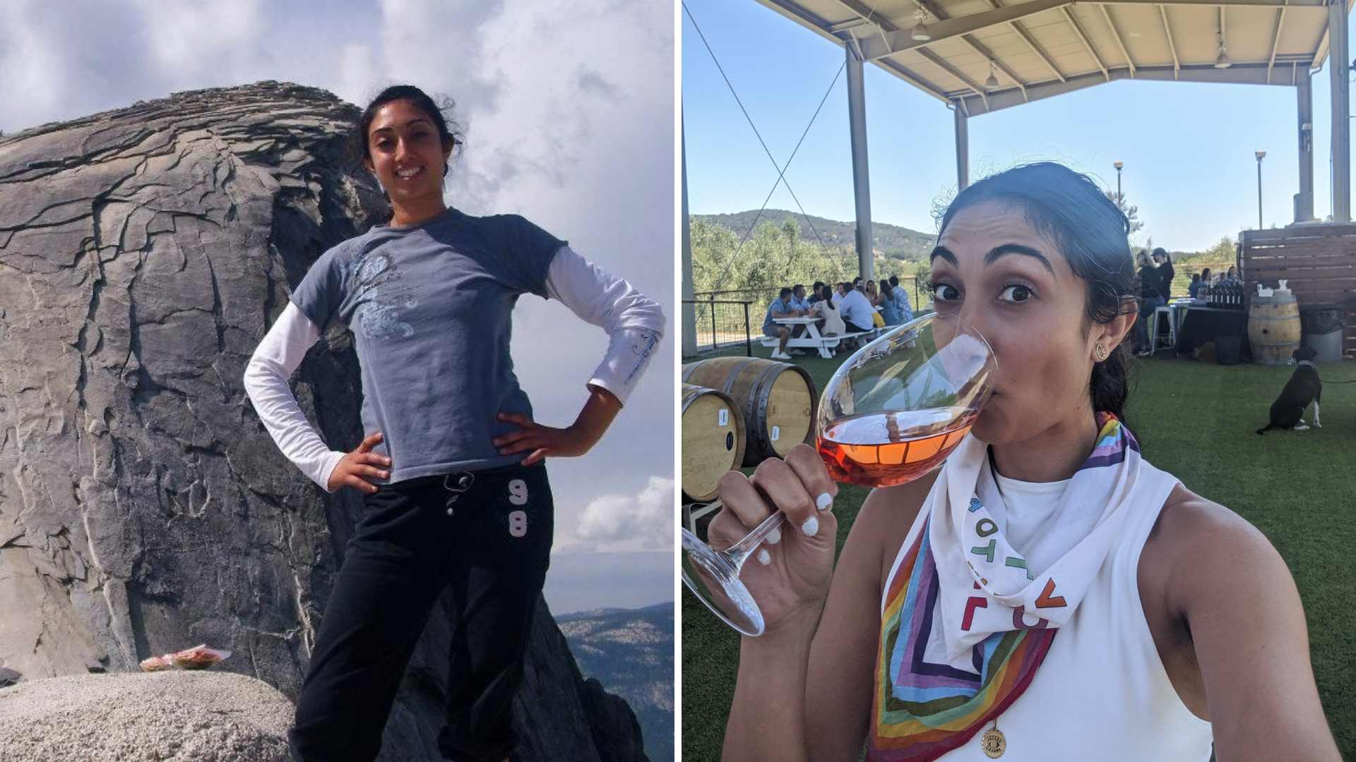 Side-by-side photos of Ruby Bolaria Shifrin standing in front of a mountain and drinking a glass of wine.