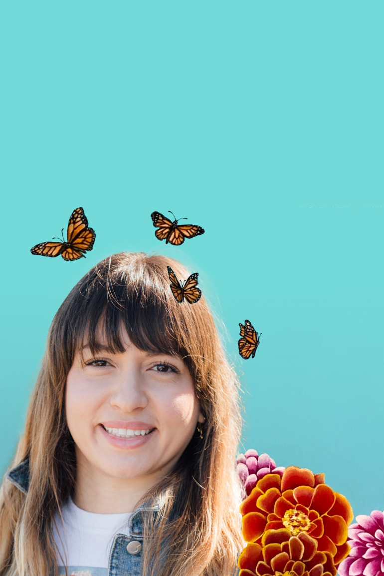Sandra Moreno, CZI’s science program executive assistant, smiles in a headshot. She is surrounded by images from her original artwork — pink and orange flowers and butterflies.