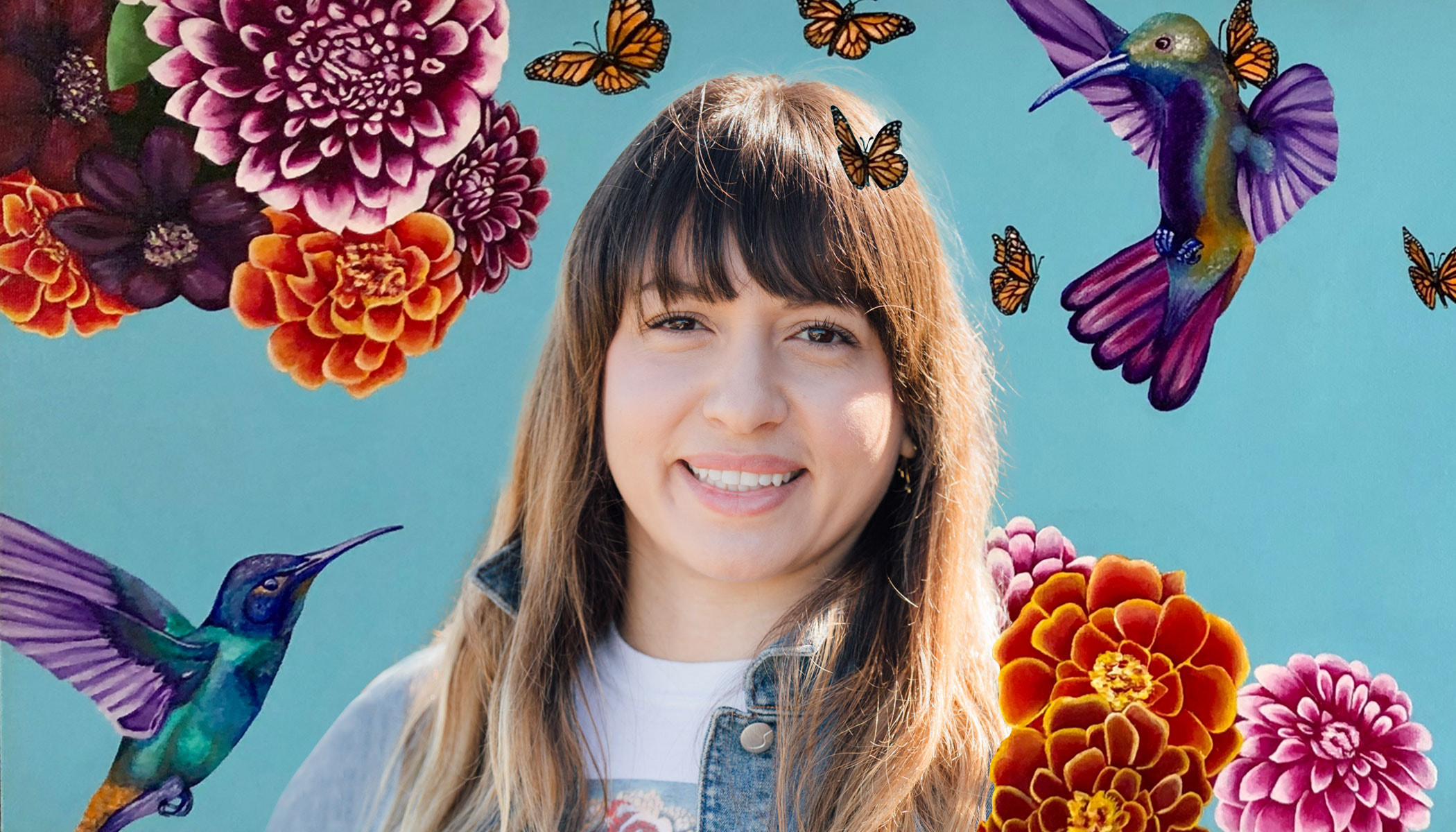 Sandra Moreno, CZI’s science program executive assistant, smiles in a headshot. She is surrounded by images from her original artwork — pink and orange flowers, hummingbirds and butterflies.