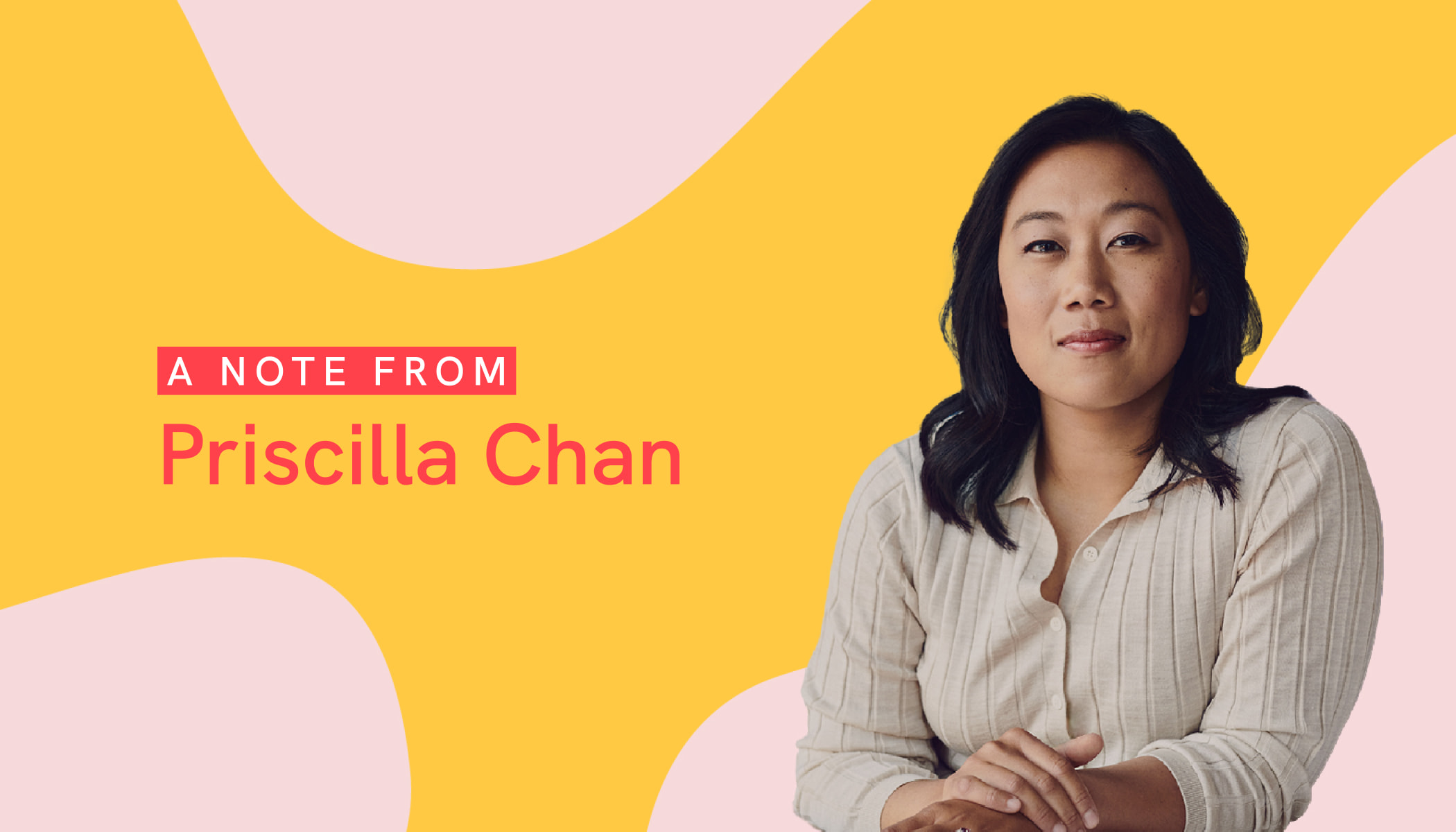 Priscilla Chan, co-CEO of the Chan Zuckerberg Initiative, looking at the camera with her arms folded and in front of a yellow and pink illustrated background.