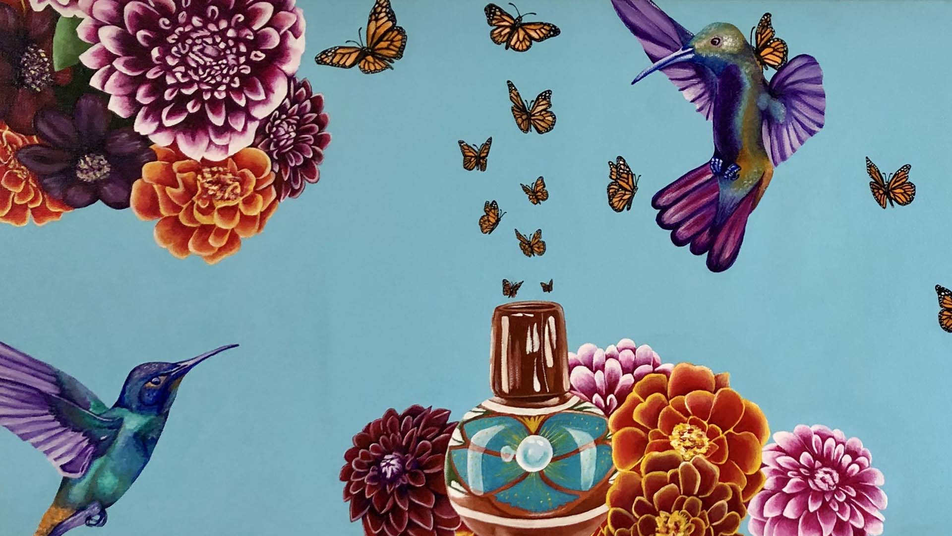 Painting of flowers, hummingbirds, monarch butterflies, and pottery on a blue background