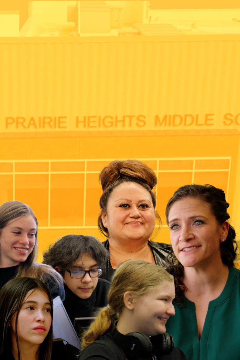 A collage of students and teachers on a yellow-tinted photo of the Prairie Heights MIddle School building.