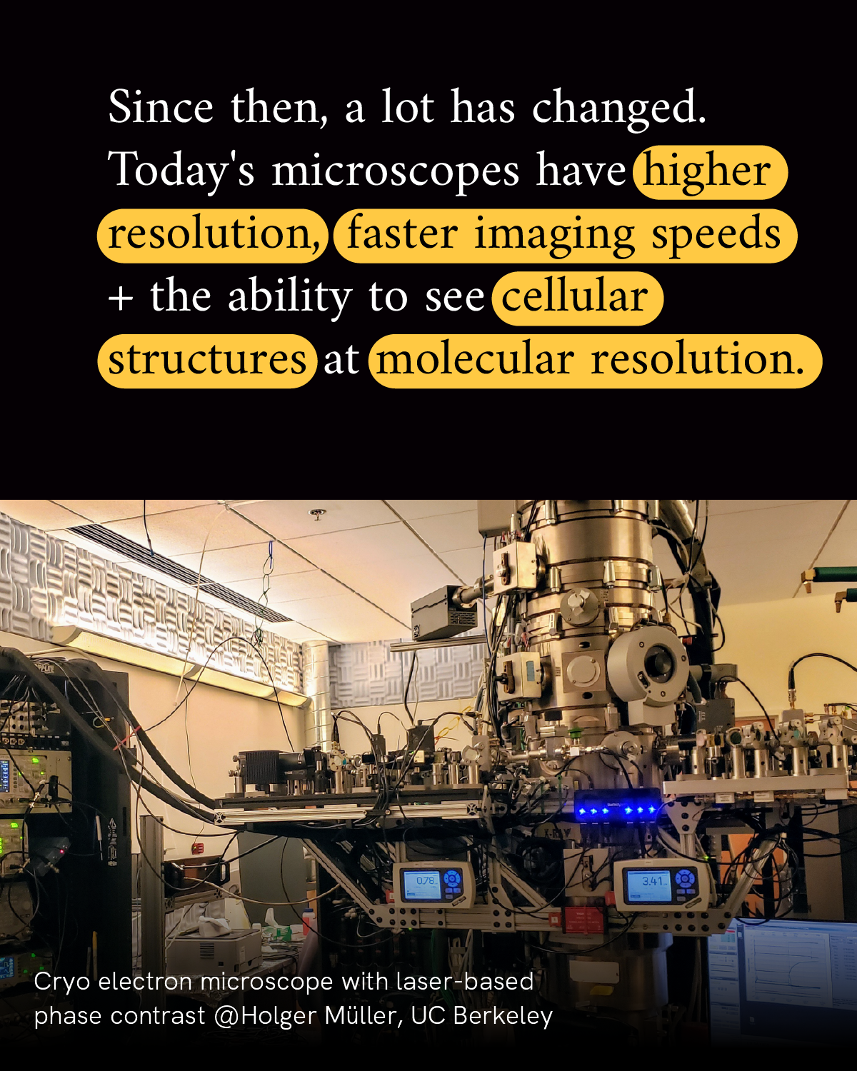 Infographic reads “Since then, a lot has changed. Today’s microscopes have higher resolution, faster imaging speeds + the ability to see cellular structures at molecular resolution.” A photograph of a large microscope that fills the room with wires and tubes connecting running throughout the machine accompanies the text.