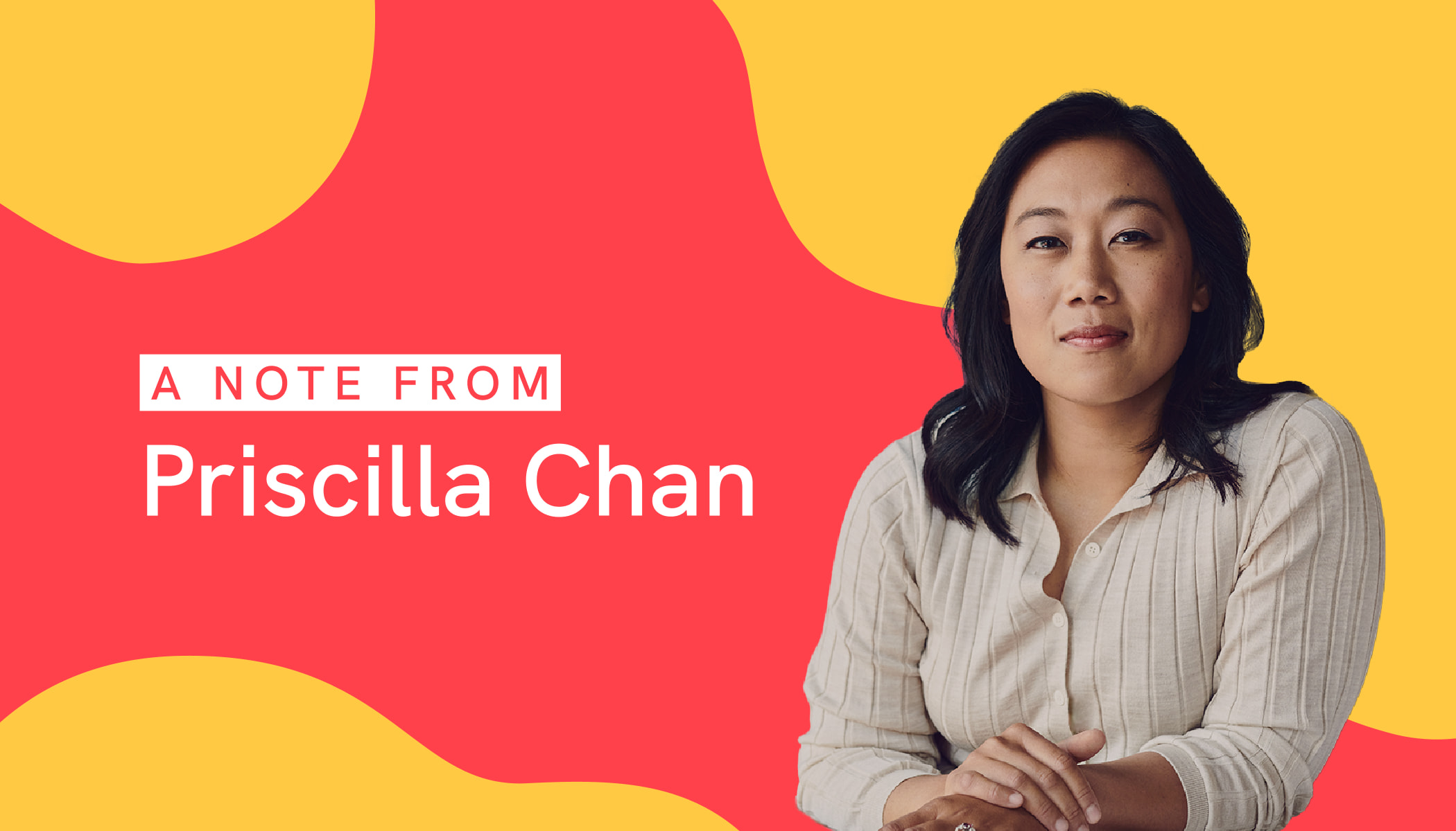 Priscilla Chan, Co-CEO of the Chan Zuckerberg Initiative, looking at the camera with her arms folded and in front of a red and yellow illustrated background.