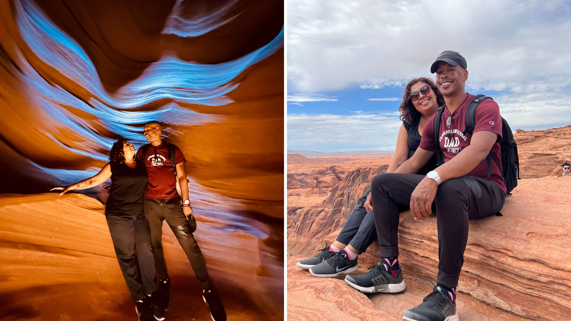 Side-by-side photos: 1) two people smiling at each other while standing in a cave and 2) the same two people sitting on a canyon side together.