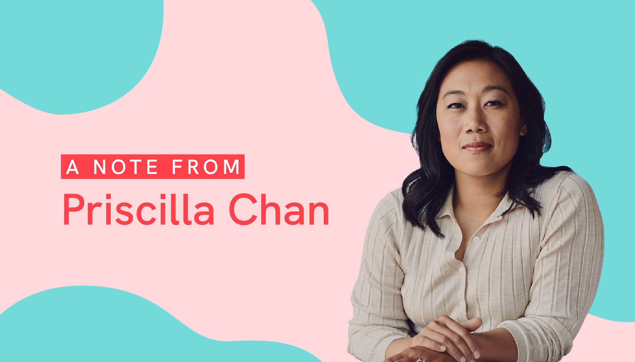 Priscilla Chan, Co-CEO of the Chan Zuckerberg Initiative, looking at the camera with her arms folded and in front of a pink and blue illustrated background.