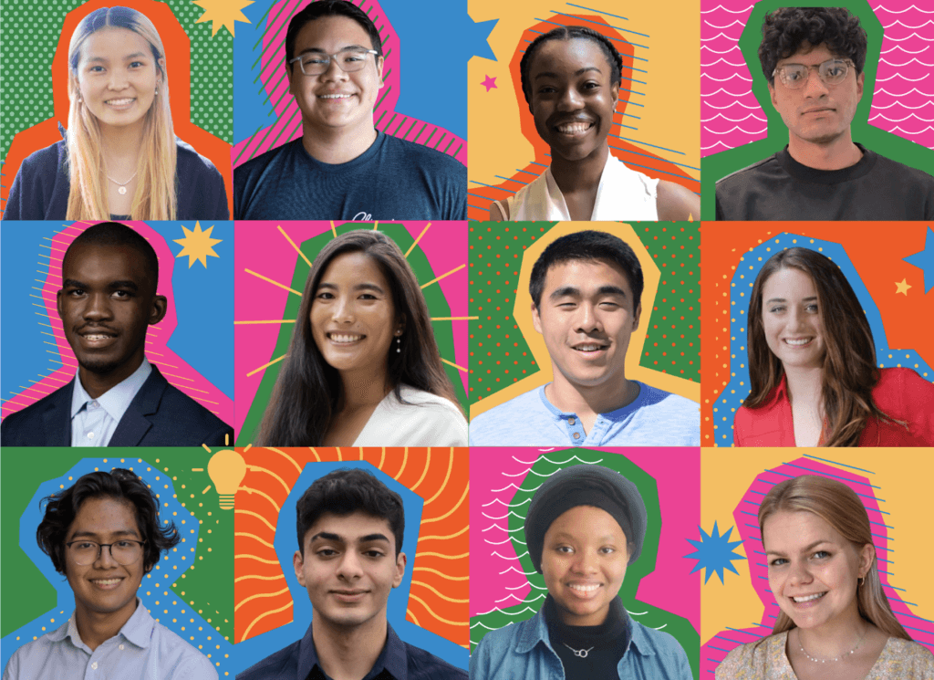 Photo grid comprising twelve headshots of Elemental’s internship program participants. All headshots are accented by colorful illustrations of blue, pink, orange, green and yellow.