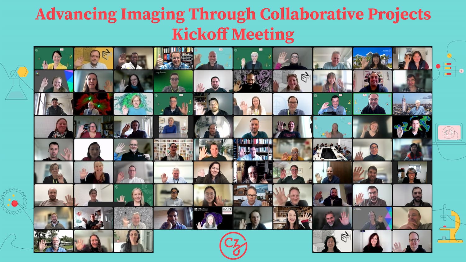 Screenshot of attendees on the Zoom platform waving at the camera from the Advancing Imaging Through Collaborative Projects Kickoff Meeting.