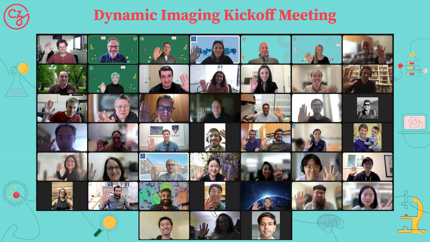 Screenshot of participants at CZI’s Dynamic Imaging Kickoff Meeting waving on Zoom.