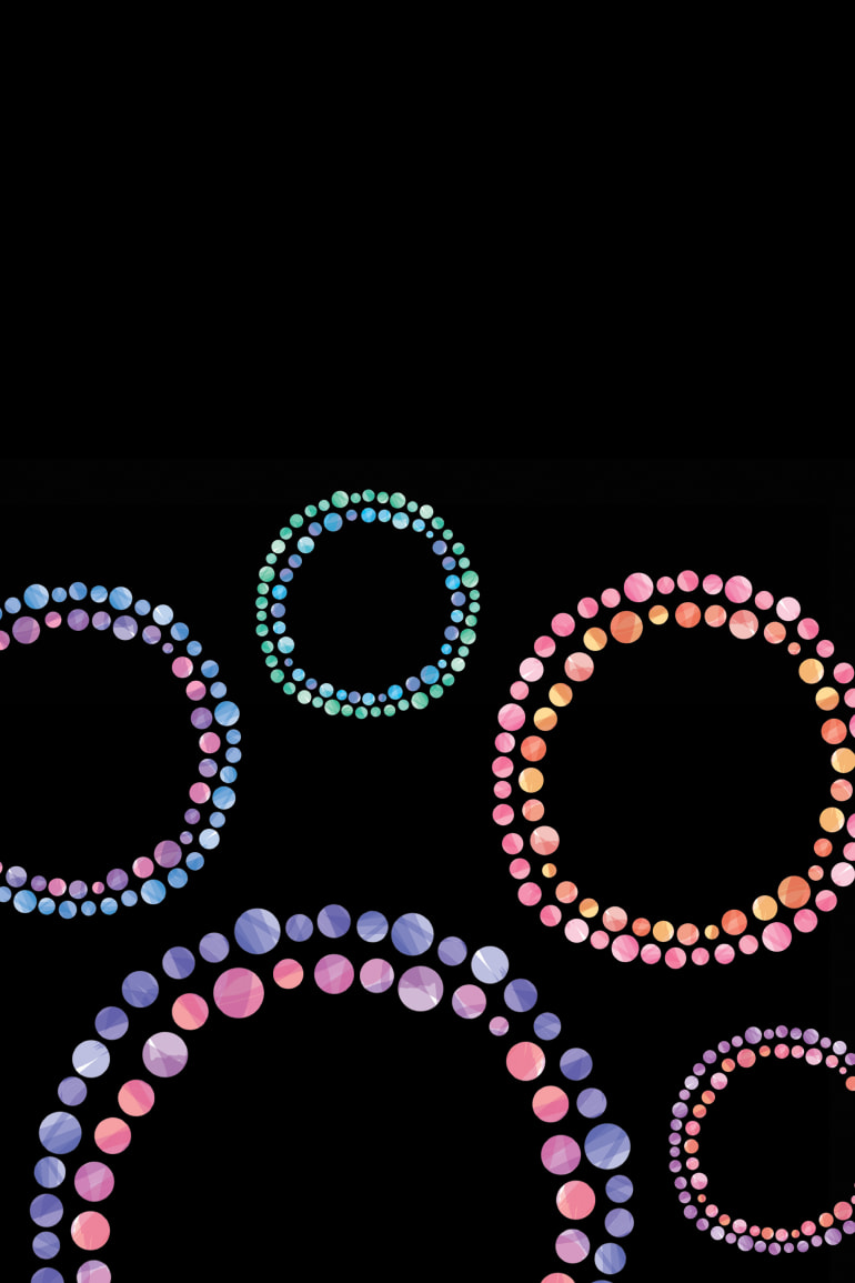 Pink, purple, blue and green double circles on a black background.