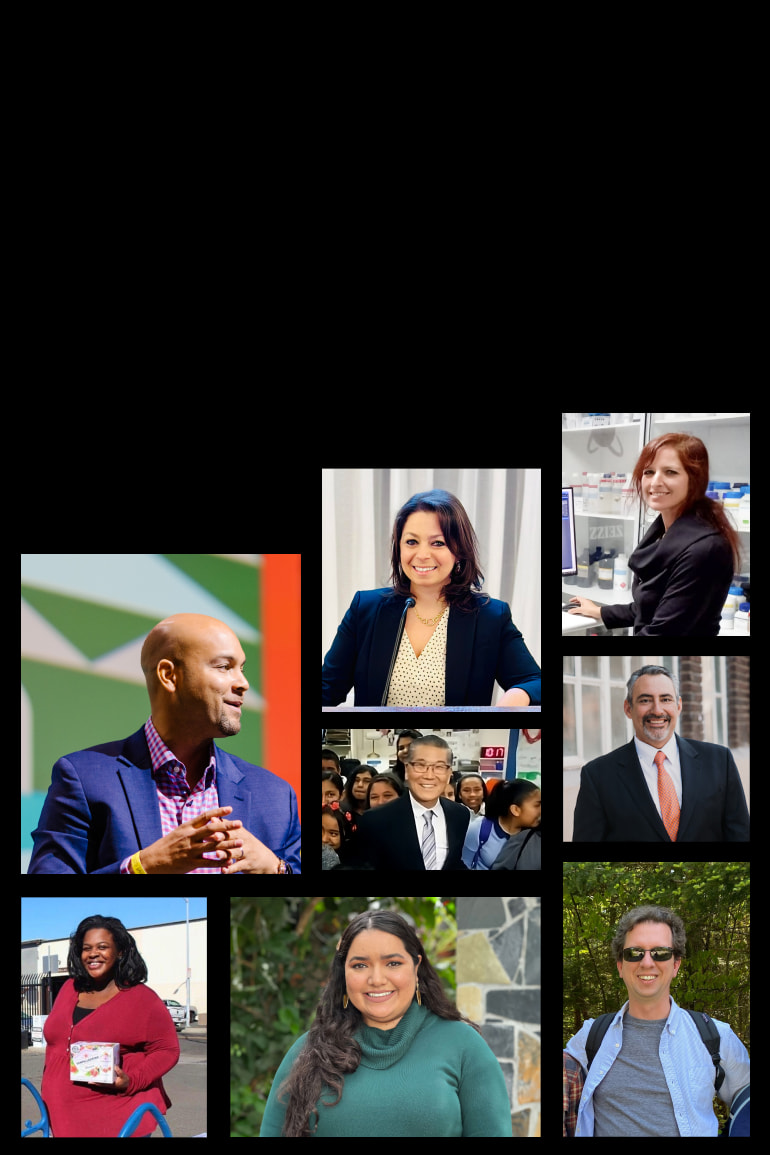 A collage of pictures featuring change-makers on a black background.