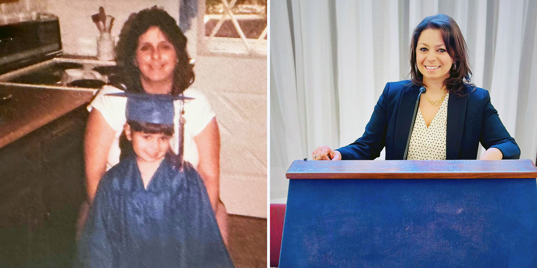 Side-by-side photos. On the left is a young Chris Cipriano in a graduation uniform standing in front of an adult woman. On the right is Cipriano, standing in front of a podium and mic.