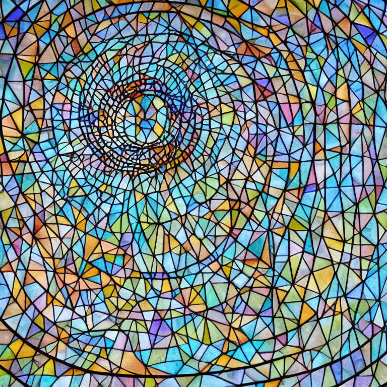 A mosaic of colors almost appearing blue, orange, purple, yellow and green stained glass.