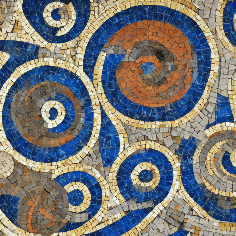 A mosaic of circles/swirls, primarily tan, with blue and deep orange centers.