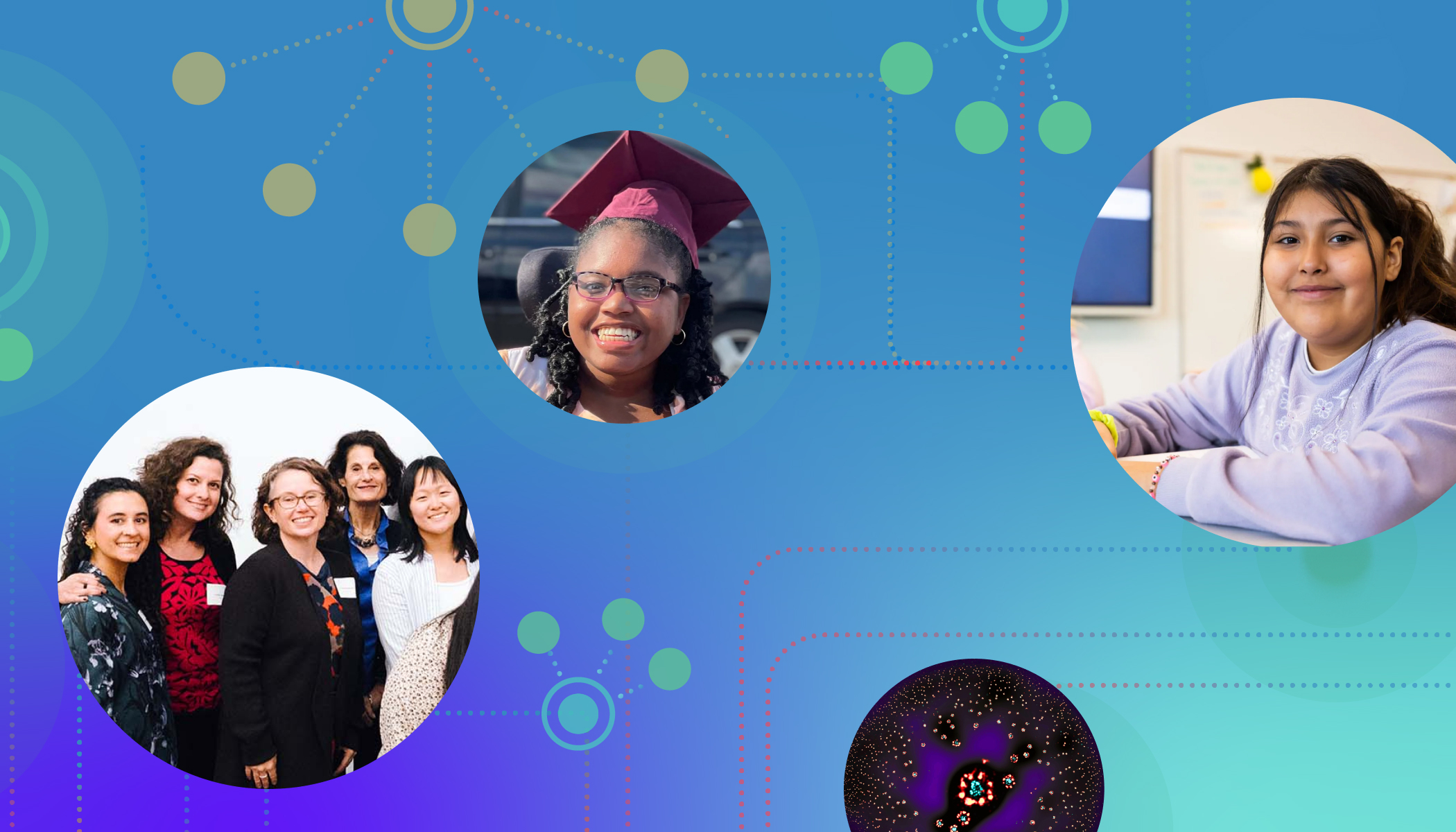 Four circular images related to CZI’s work in science, education and California’s Bay Area community on a blue gradient background. The images are connected by thin lines and dots.