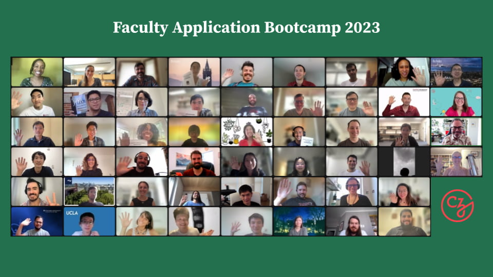 A screenshot of attendees from Faculty Application Bootcamp waving at the camera on Zoom.