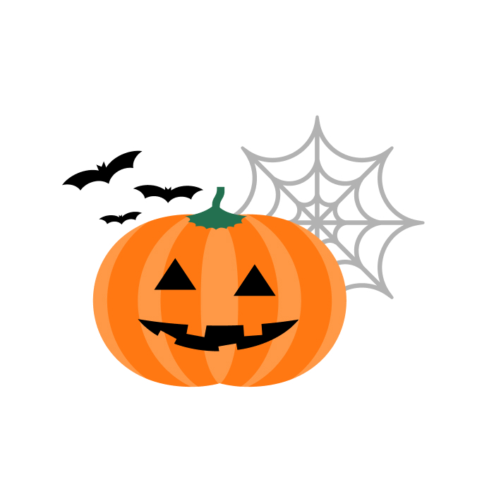 Illustration of a jack-o’-lantern with bats and a spiderweb in the background.