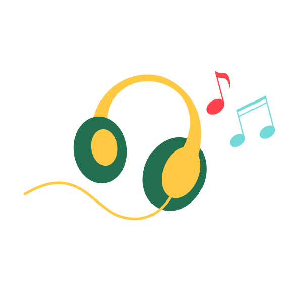 An illustration of green and yellow headphones and music notes.