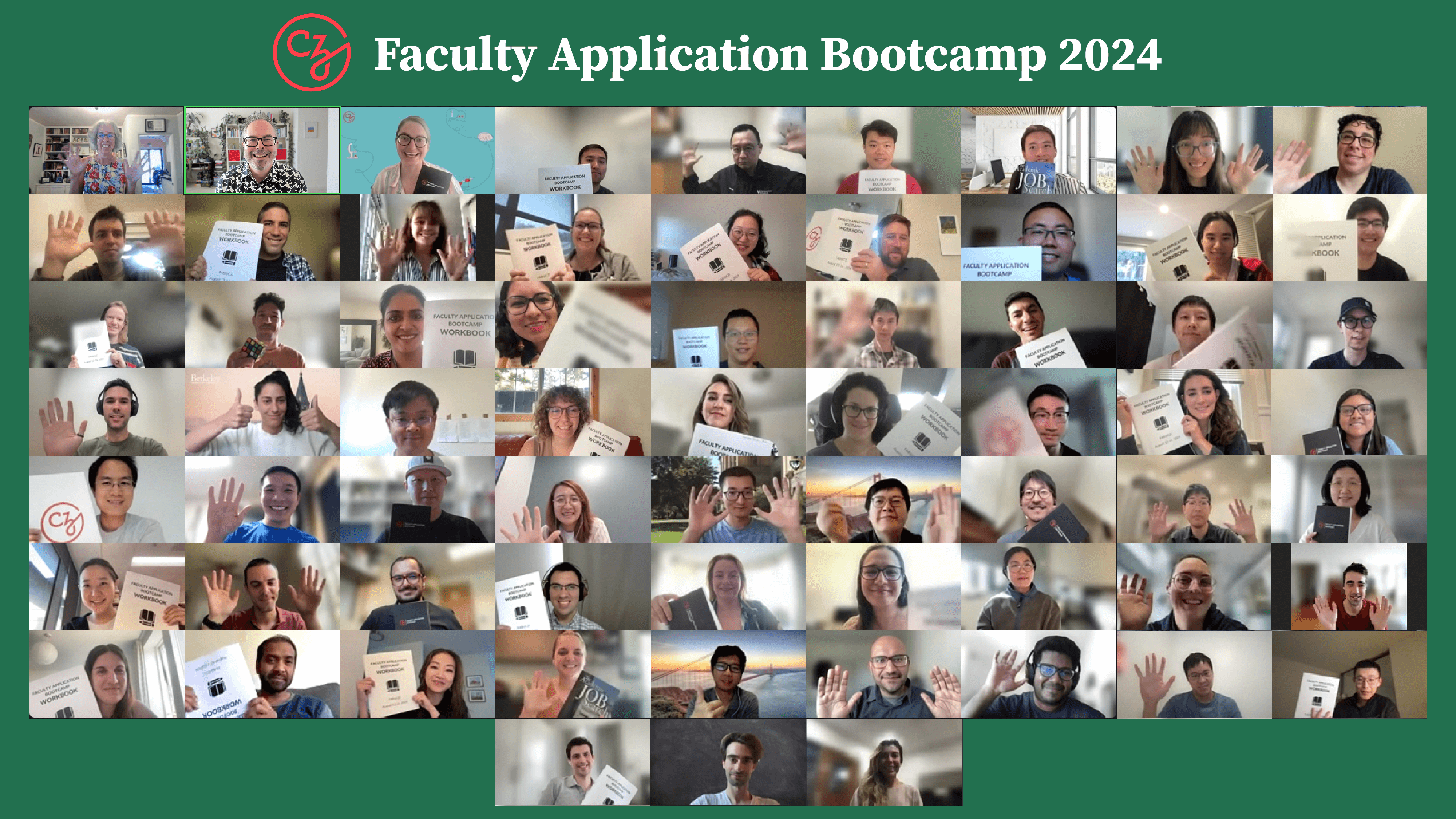 Attendees from the Faculty Application Bootcamp waving at the camera on Zoom against a green background.