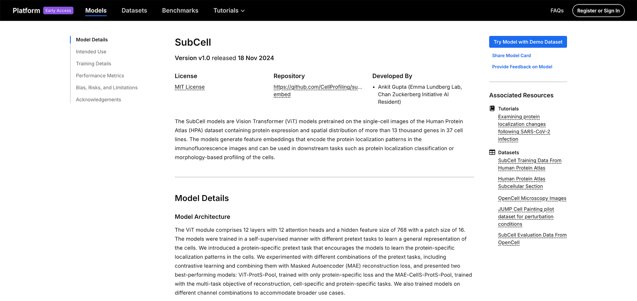Screenshot of a model card for SubCell.