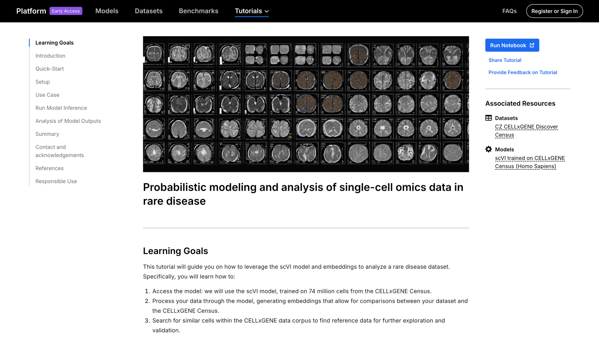 Screenshot of a tutorial page titled 'Probabilistic modeling and analysis of single-cell omics data in rare disease,' featuring a grid of scientific microscopy images.