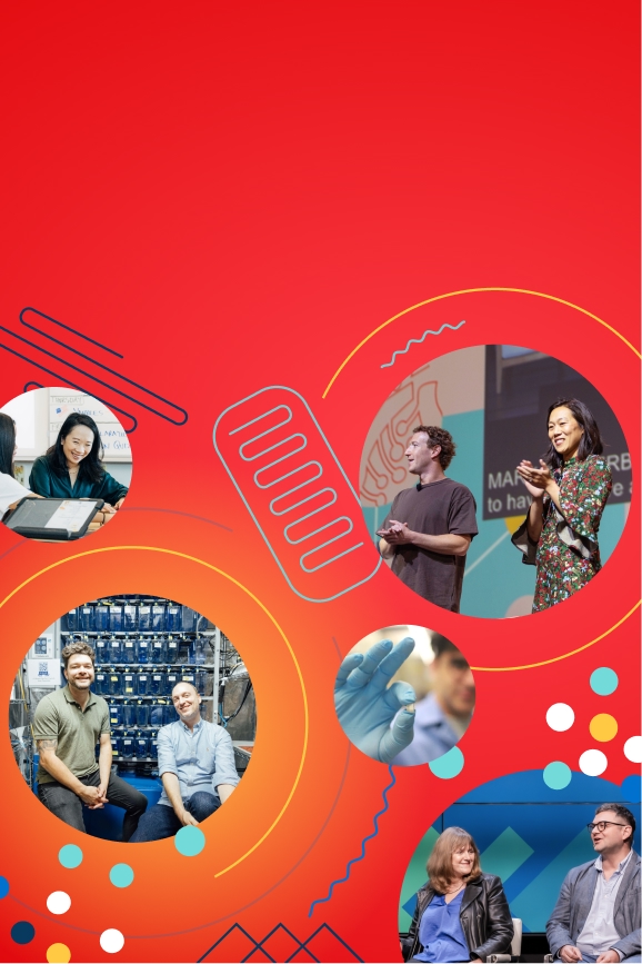 A collage of moments featuring circular cutouts of Sandra Liu Huang in a classroom, researchers in a lab, a close-up of a gloved hand holding a tiny device, Priscilla Chan and Mark Zuckerberg clapping on stage, and Patricia Brennan and Theofanis Karaletsos in a keynote, all set against a vibrant red background with colorful abstract designs.