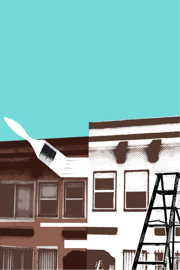 An illustration of a building undergoing renovation, featuring a paintbrush and a ladder, symbolizing efforts to preserve affordable housing.