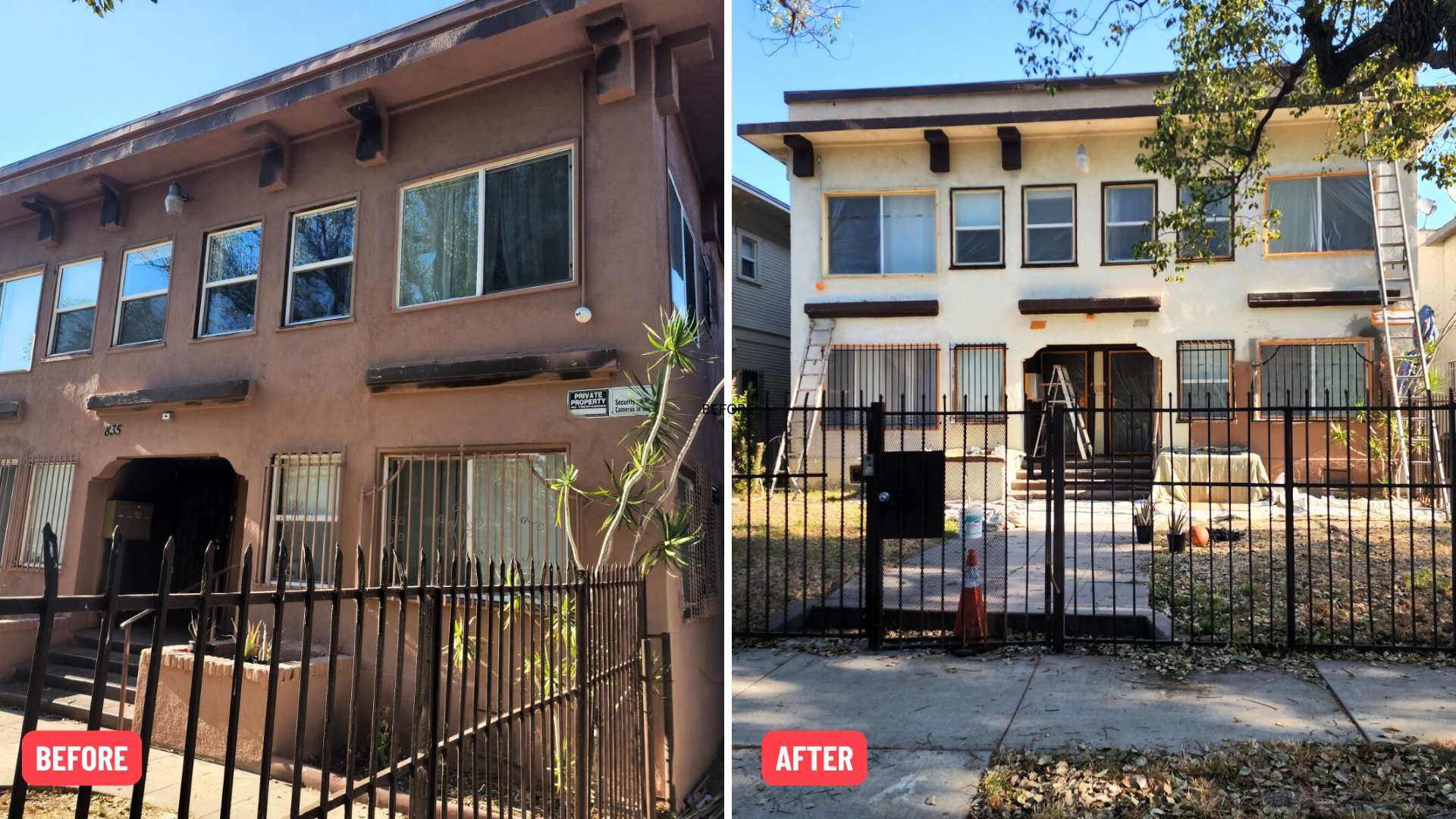 A side-by-side “before” and “after” image of an apartment building, showing its transformation from a slightly worn-down exterior to a newly renovated facade, symbolizing efforts to preserve affordable housing.