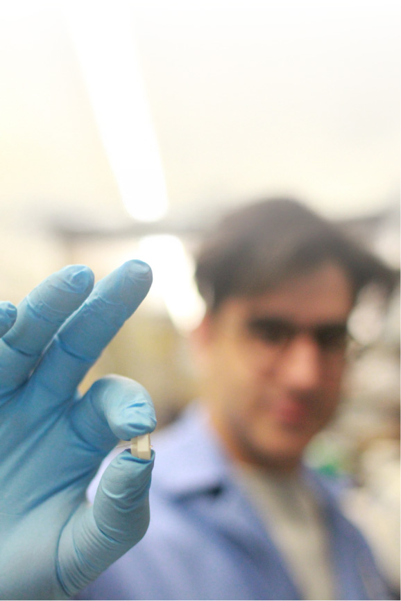 A close-up of a person in a lab holding an implantable microdevice in their hand.