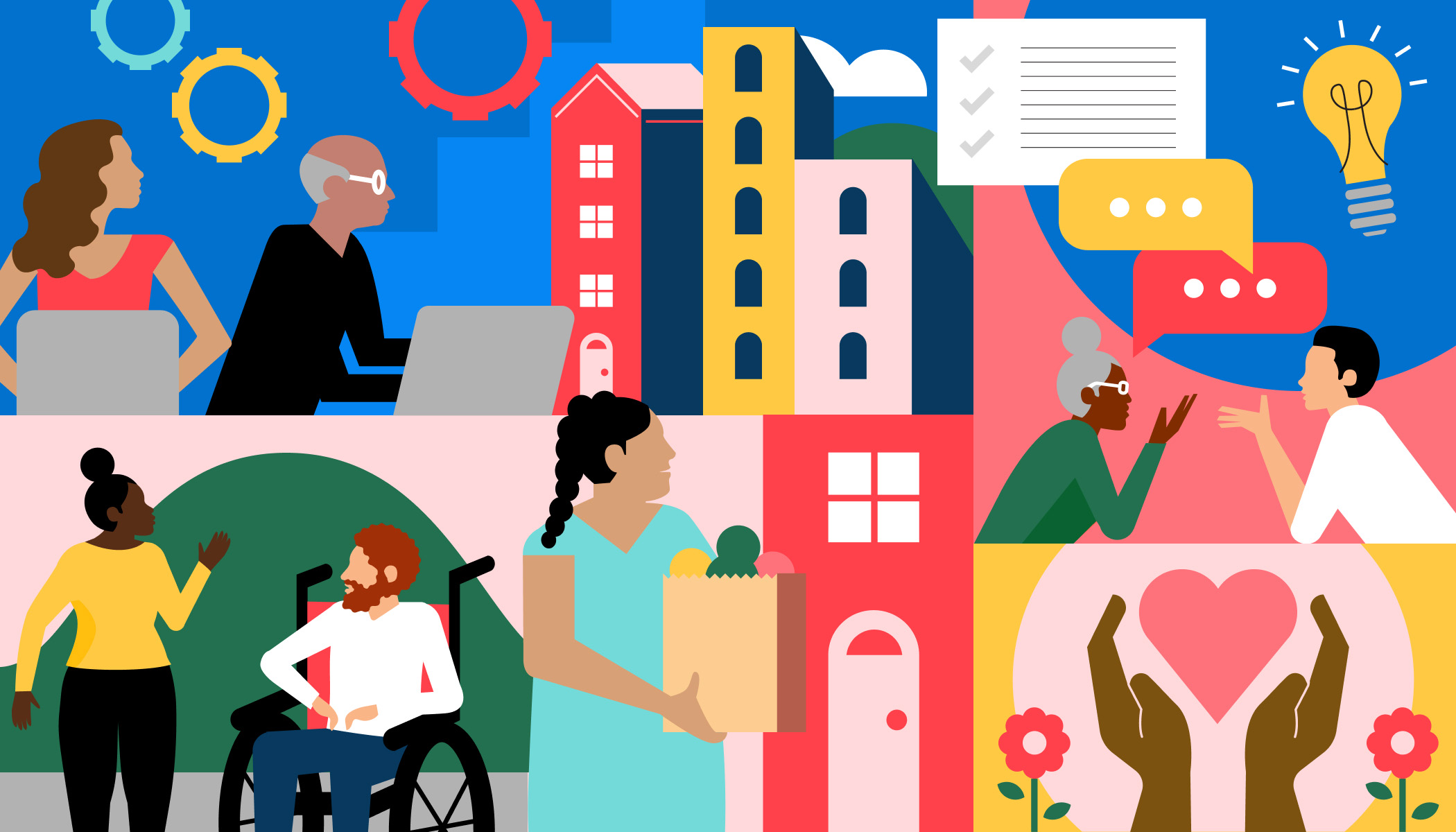 Illustration of people working, talking, and helping each other in a colorful community setting, with symbols of collaboration like speech bubbles, gears, and a lightbulb.