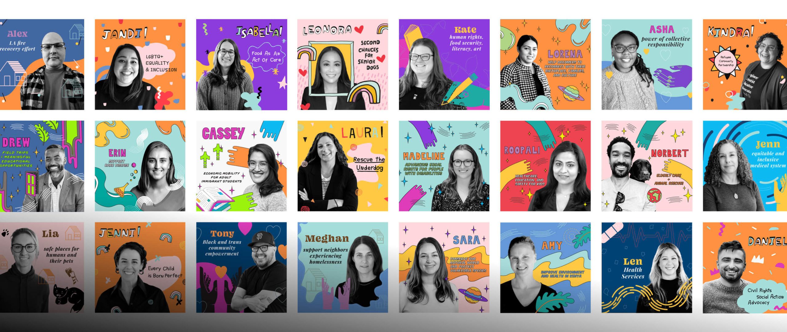 Collage of diverse CZI team members featured in colorful squares with their names, portraits, and causes they support