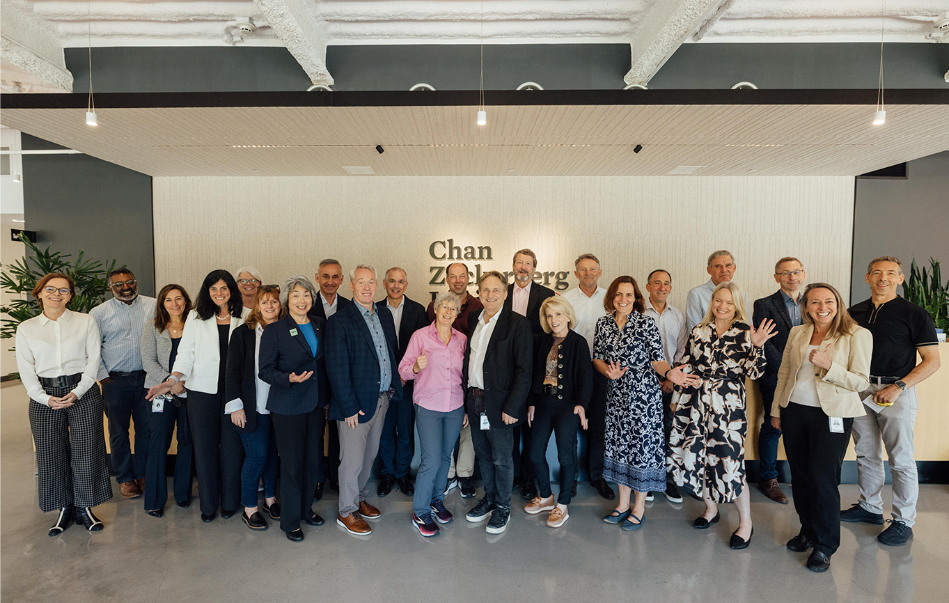 Participants of the What Would It Take? - A CZI Workshop meeting on the steps of the CZI headquarters in Redwood City, CA.
