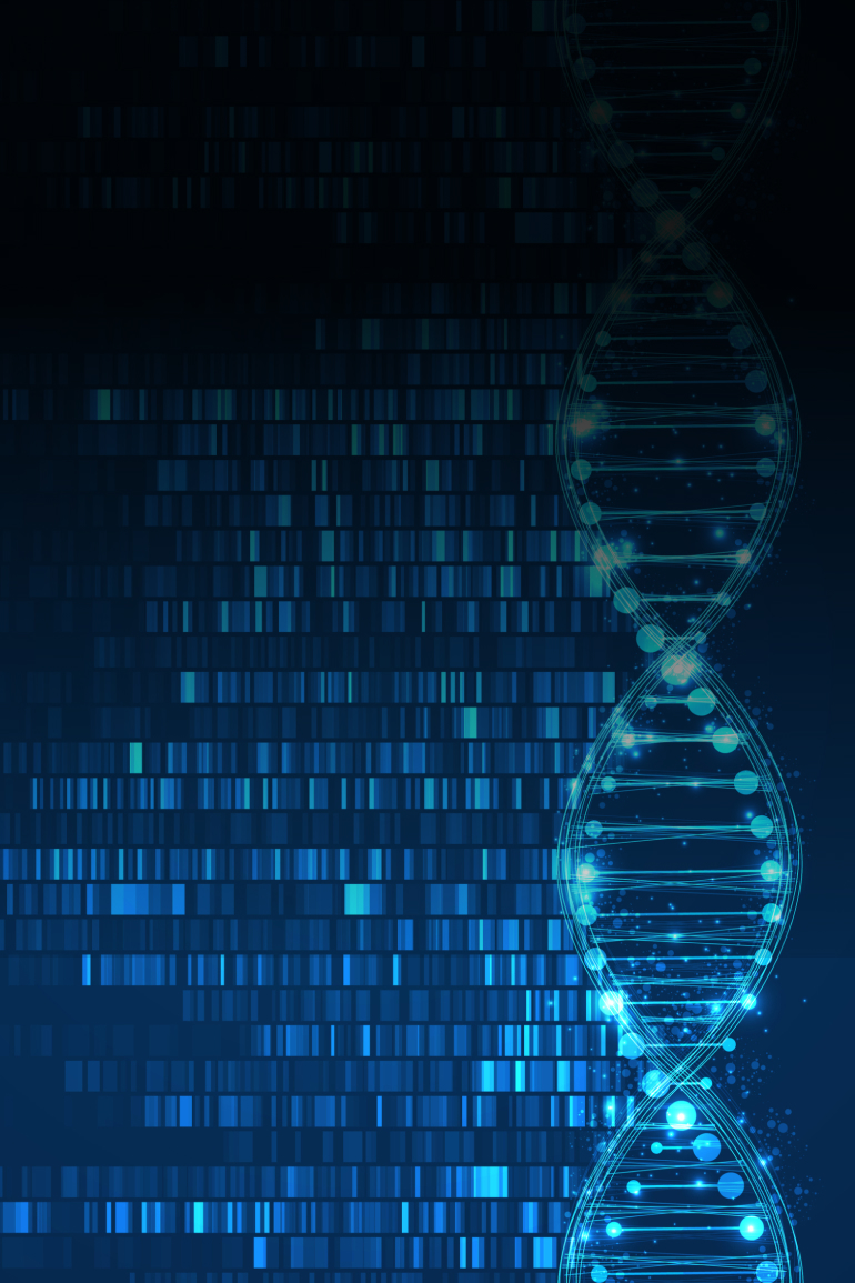 Digital illustration of a glowing DNA double helix on the right, with blue data bars and binary patterns on the left, symbolizing biological data.