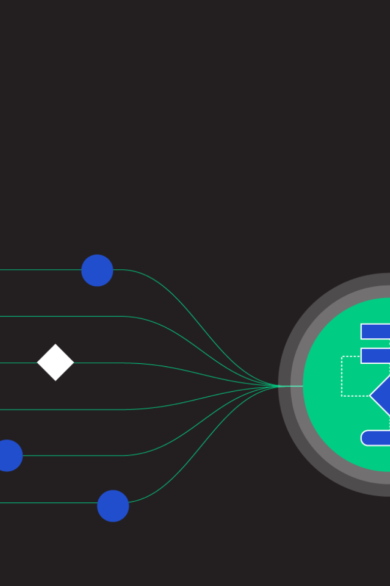 Snippet of an abstract illustration of data flowing through a benchmarking system. Circles and diamonds represent biological inputs feeding into a central hub with flowchart symbols.