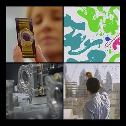 Four-panel collage showing Shana Kelley holding a small lab device, a colorful scientific visualization, a scientist writing on a glass board, and a close-up of laboratory equipment.